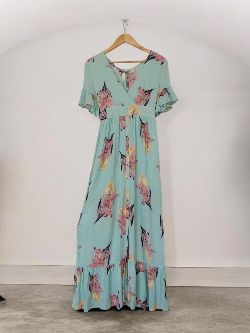 Altar'd State Mint Floral Maxi Dress with Flutter Sleeves